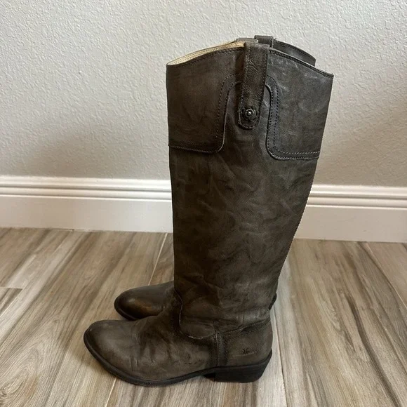 FRYE Carson Boots SZ 8.5 Tall Gray Leather Cowboy Western Riding Pull on Classic